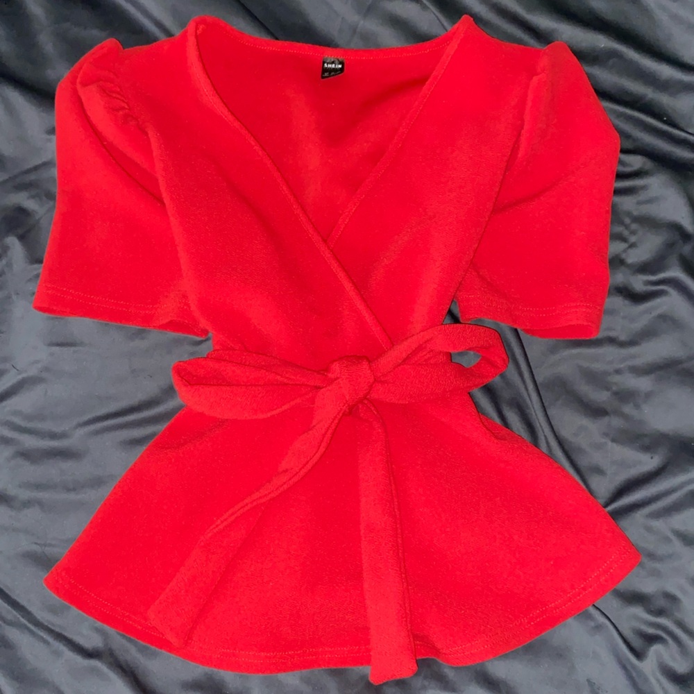SHEIN Red Wrap Tie Front Blouse